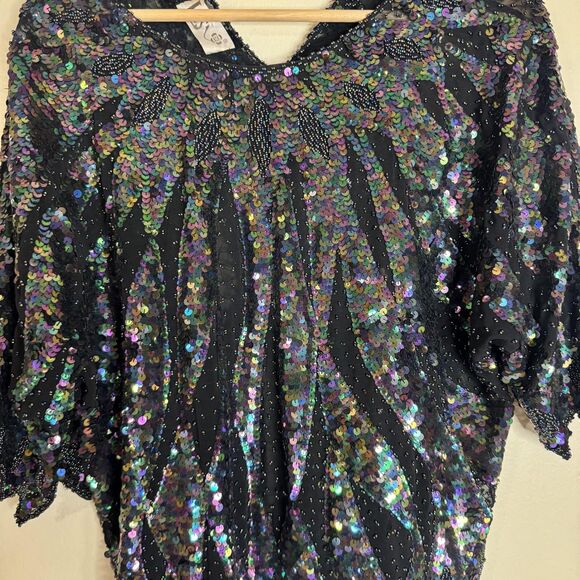 Vintage Iris Sequin Top Womens Medium Black Iridescent Beaded Party Blouse 80s - Picture 4 of 14